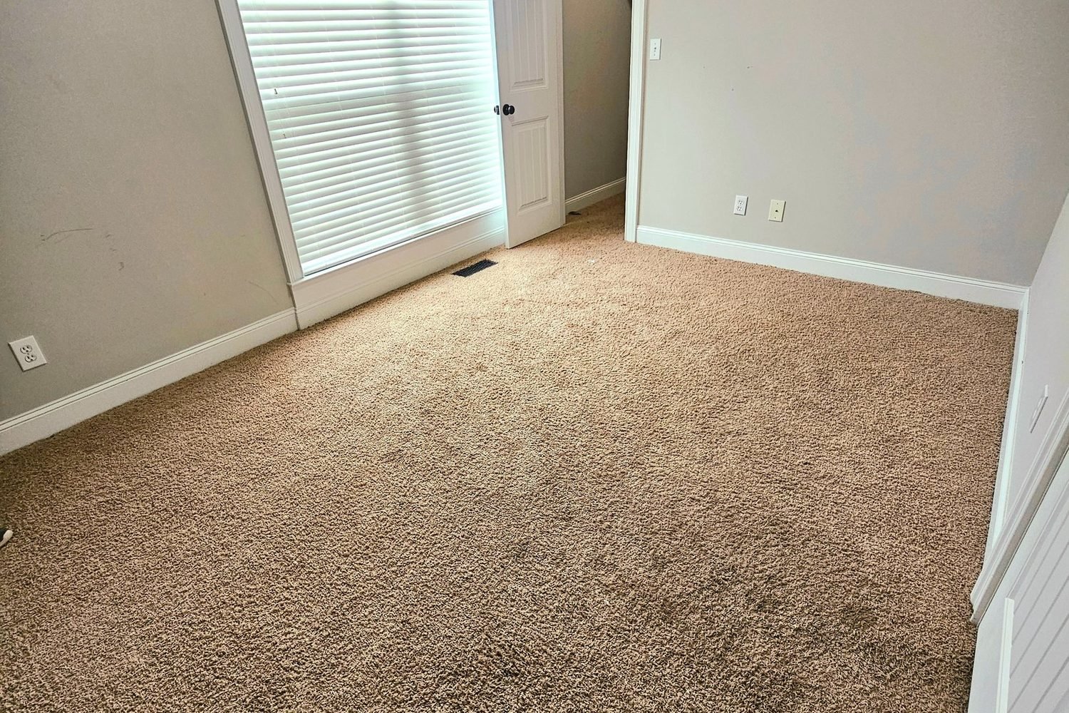 Before the flooring and carpet removal: the same bedroom with worn tan carpet.