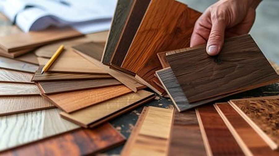 Choosing flooring: a hand holding up plank flooring samples in a spread of wood tones.